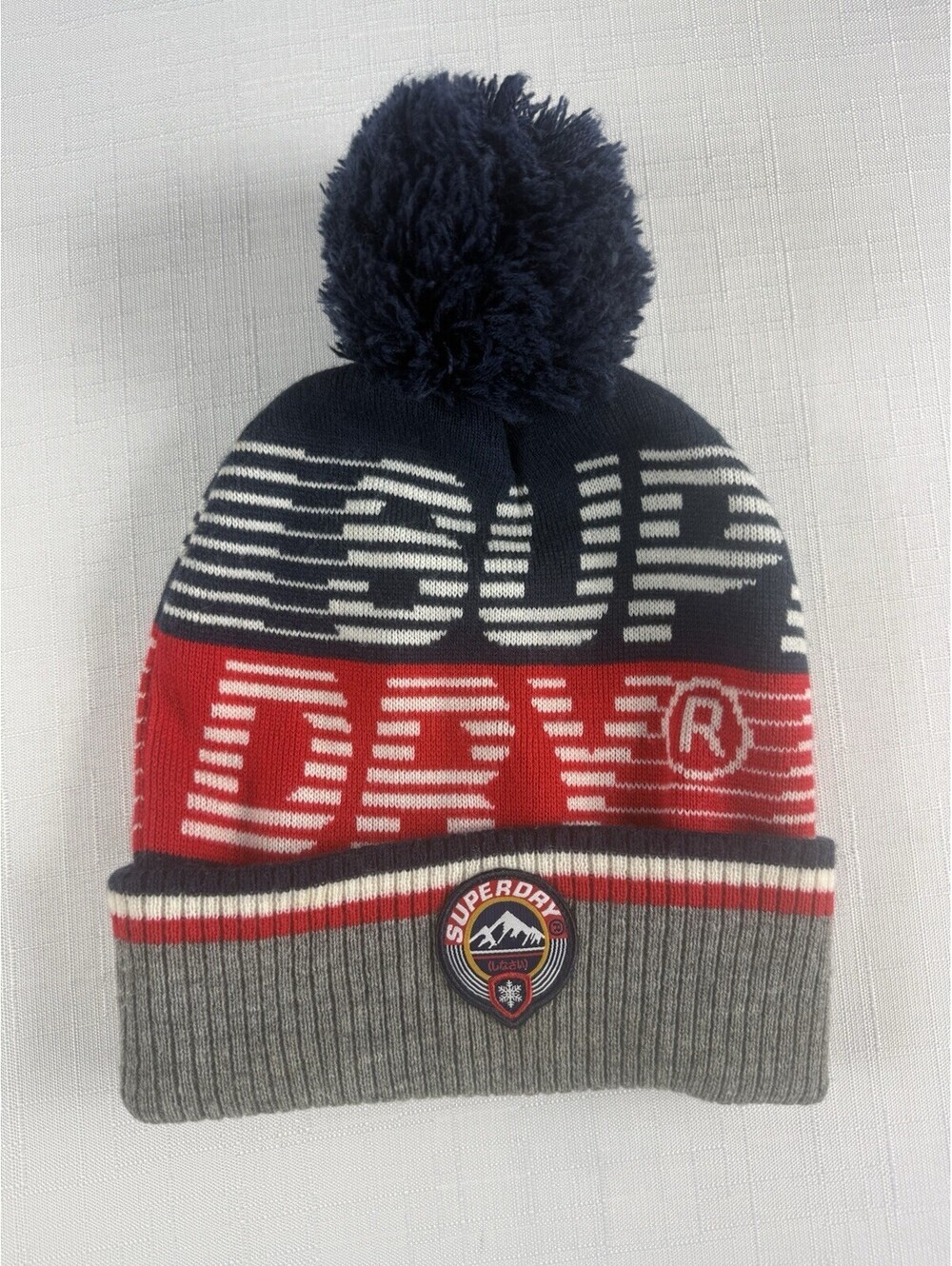 Superdry Pom Pom Beanie Hat One Size Gray Red Black Logo Winter Knit Cap Warm